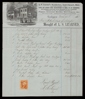 Billhead for L.S. Learned, stationery, L.S. Learned's Manufactory, Cambridgeport, Mass., dated March 31, 1865