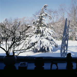 View of snow and sculpture outside from study, Gropius House, Lincoln, Mass.