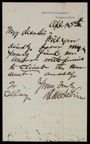 D. W. Sabin to Thomas Lincoln Casey, April 15, 1886