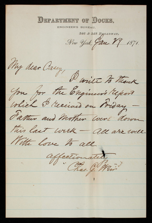 [Charles] G. Weir to Thomas Lincoln Casey, January 29, 1871