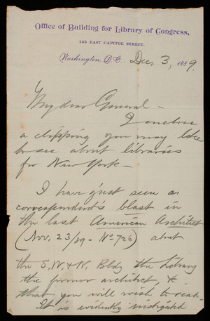[Bernard R.] Green to Thomas Lincoln Casey, December 3, 1889