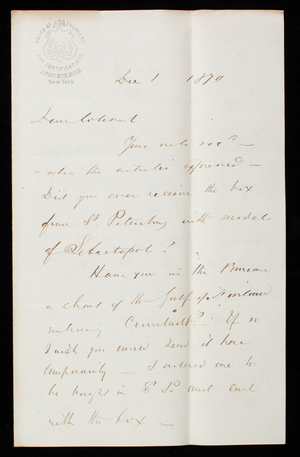 [John G.] Barnard to Thomas Lincoln Casey, December 1, 1870