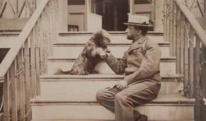 Henry Adams seated with dog on steps of piazza