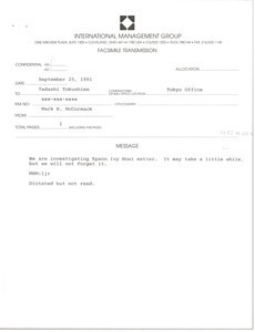 Fax from Mark H. McCormack to Tadashi Tokushima