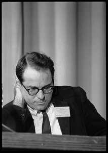 William Sloane Coffin, seated as part of a panel at the Youth, Non-Violence, and Social Change conference, Howard University