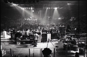 Santana concert at the Springfield Civic Center: view of stage and instruments, audience lights up