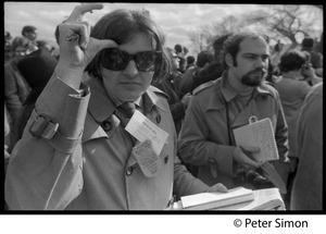 Joe Pilati with press pass around his neck: Vietnam Moratorium march on Washington