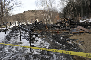 Aftermath of the Congregational Church fire in West Cummington, Mass.: charred ruins of the church