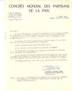 Letter from World Peace Congress to W. E. B. Du Bois