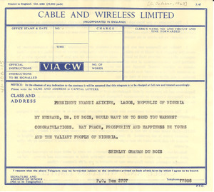 Telegram from Shirley Graham Du Bois to President of Nigeria