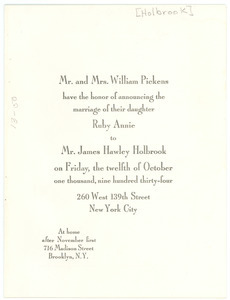 Announcement of the marriage of Ruby Annie Pickens and James Hawley Holbrook