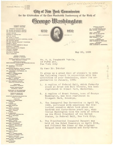 Letter from New York City Commission on for the Celebration of the Two Hundredth Anniversary of the Birth of George Washington to W. E. B. Du Bois