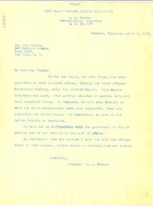 Letter from A. A. Graham to Max Yergan