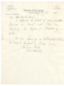 Letter from Texas College to W. E. B. Du Bois