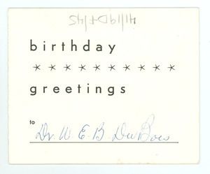 Birthday card from American Committee for Protection of Foreign Born to W. E. B. Du Bois
