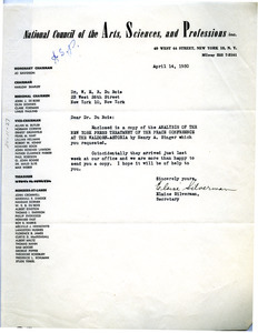 Letter from National Council of the Arts, Sciences, and Professions to W. E. B. Du Bois