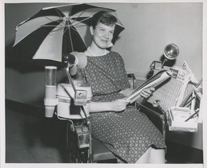 Woman in specially equipped wheelchair