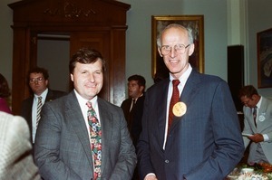 Congressman John W. Olver (right) with unidentified man, on day of swearing-in as U.S. Representative for the 1st District, Massachusetts