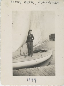 Bernice Kahn standing on sailboat in Rocky Neck