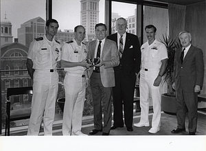 Mayor Raymond L. Flynn presenting Revere Bowl to crew of USS Boston