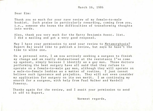 Correspondence from Lou Sullivan to Kim Stuart (March 16, 1986)