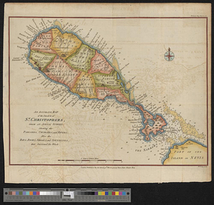 An accurate map of the island of St. Christophers, from an actual survey; shewing the parishes, churches; and rivers; also the bays, rocks, shoals, and soundings, that surround the whole
