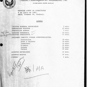 Agenda from Festival Puertorriqueño de Massachusetts, Inc. Board of Directors meeting on June 8, 1993