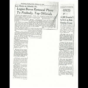 Photocopies of newspaper articles about Atlantic Avenue and Washington Park urban renewal areas, and grant awarded to Fair Housing, Inc.