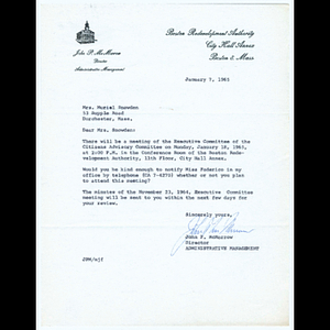 Letter from John P. McMorrow to Mrs. Muriel Snowden about attending Executive Committee meeting of the Citizens Advisory Committee on January 18, 1965