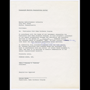 Suggested monthly requisition letter from Freedom House to the Boston Redevelopment Authority about Washington Park Home Guidance Program