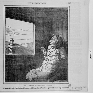 Les TRAINS PARLEMENTAIRES. Un membre de la droite s'imaginant que la Commune vient d'être proclamée à Versailles en apercevant le drapeau rouge d'un cantonier.