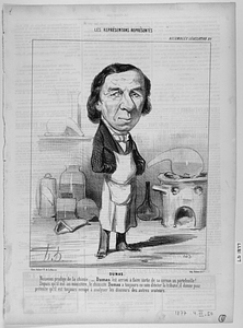 DUMAS. Nouveau prodige de la chimie: - Dumas est arrivé à faire sortir de sa cornue un portefeuille!... Depuis qu'il est au ministère, le chimiste Dumas a toujours eu soin d'éviter la tribune, il donne pour prétexte qu'il est toujours occupé à analyser les discours des autres orateurs.