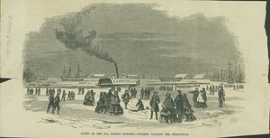 Scene on the ice, Boston Harbor, citizens hauling the ferry-boat