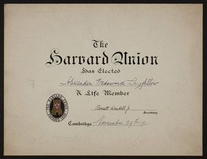 Harvard Union membership certificate