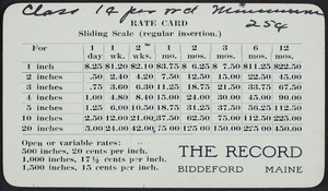 Trade card for The record, Biddeford, Maine, undated