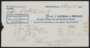 Billhead for Spelman & Metcalf, commission merchants and dealers in flour, grain and feed, Knight's Wharf, 40 and 44 Dyer Street, Providence, Rhode Island, dated July 14, 1858