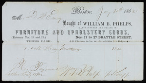 Billhead for William B. Phelps, manufacturer and dealer in furniture and upholstery goods, Nos. 17 to 27 Brattle Street, Boston, Mass., dated January 30, 1862