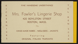 Trade card for Mrs. Fowler's Lingerie Shop, 420 Boylston Street, Boston, Mass., undated