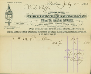 Billhead for the Globe Gas Light Co., 77-79 Union Street, Boston, Mass., dated July 28, 1903