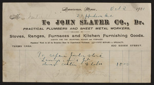 Billhead for the John Slater Co., practical plumbers and sheet metal workers, 520 Essex Street, Lawrence, Mass., dated October 2, 1920