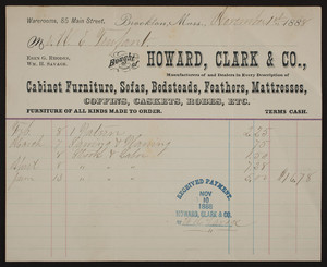 Billhead for Howard, Clark & Co., cabinet furniture, sofas, bedsteads, feathers, mattresses, 85 Main Street, Brockton, Mass., dated November 1, 1888