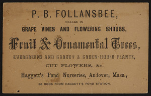 Trade card for P.B. Follansbee, dealer in fruit and ornamental trees, Haggett's Pond Nurseries, Andover, Mass., undated