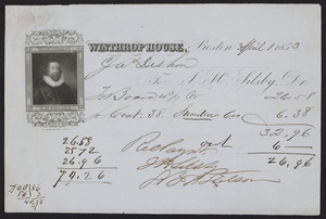Billhead for the Winthrop House, hotel, corner of Tremont and Boylston Streets, Boston, Mass., dated April 1, 1853