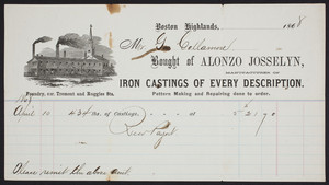 Billhead for Alonzo Josselyn, manufacturer of iron castings of every description, corner Tremont and Ruggles Streets, Boston Highlands, Mass., dated April 10, 1868