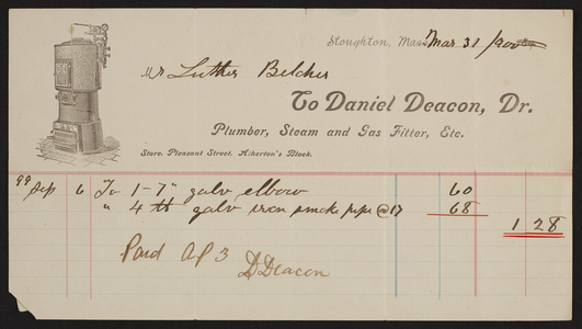 Billhead for Daniel Deacon, Dr., plumber, steam and gas fitter, Pleasant Street, Atherton's Block, Stoughton, Mass., dated March 21, 1900