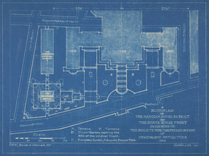 Blueprint of Block Plan of Rebuilt Hancock House and State House Front