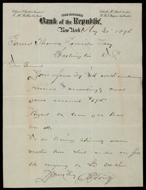 [Charles] H. Stout/National Bank of the Republic to Thomas Lincoln Casey, May 31, 1895