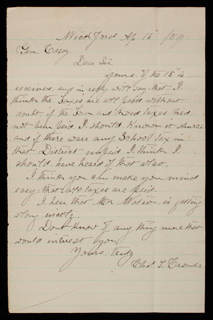 [Charles] T. Crombe to Thomas Lincoln Casey, April 16, 1889