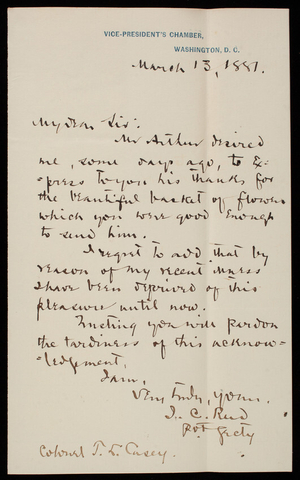 [Chester A. Arthur] to Thomas Lincoln Casey, March 13, 1881