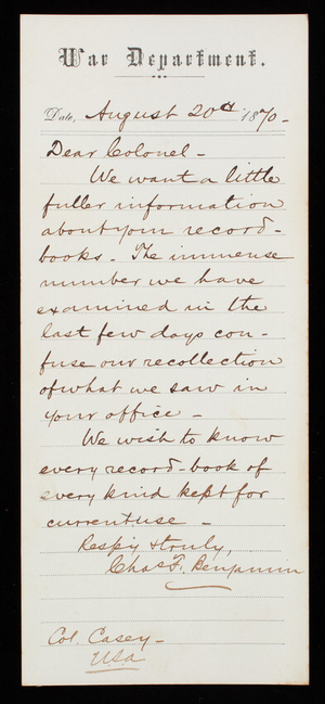 [Charles] Benjamin to Thomas Lincoln Casey, August 20, 1870